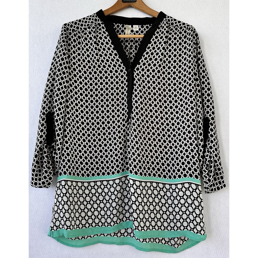 Tacera Blouse Geometric Roll Tab Sleeve Women XL Black Excellent